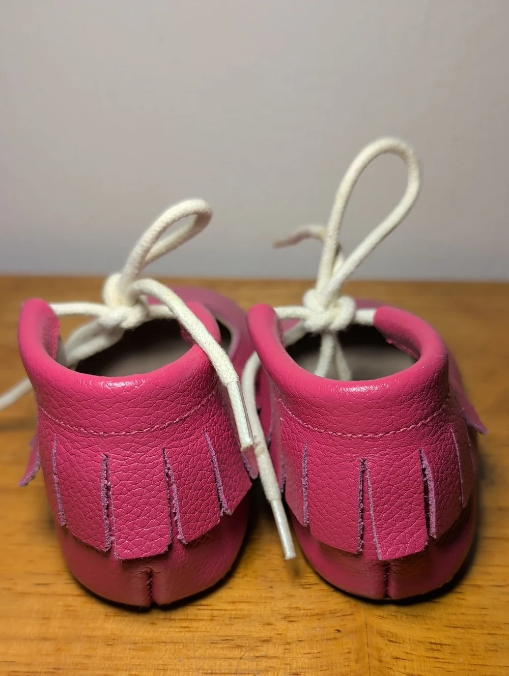 Monkey Feet Pink Leather Moccasins with Fringe White Laces Girls Size 12-18M